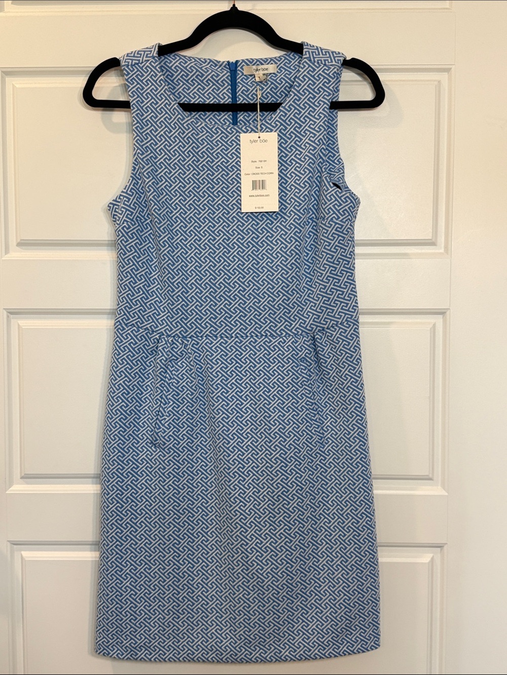 Tyler Boe Womens Blue White Geometric Sleeveless Knee Shift Dress Small NWT